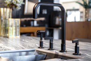 black kitchen faucet with a steel sink