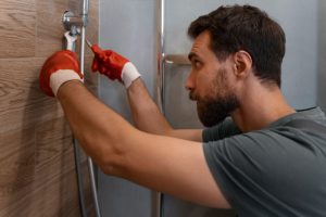 A man is installing a bathroom shower faucet