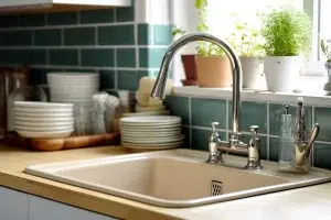 A kitchen sink faucet with a sprayer besides dishes