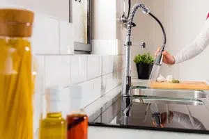 A person using a kitchen faucet with a sprayer