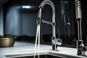 A silver kitchen sink with a sprayer and running water