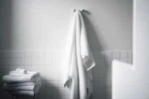 A white towel hanging on a single towel hook