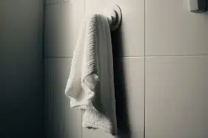 A white towel hanging on a towel hook