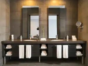 Two vanity mirrors in a modern master bath