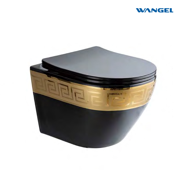 Modern wall-mounted ceramic black and gold bathroom toilet